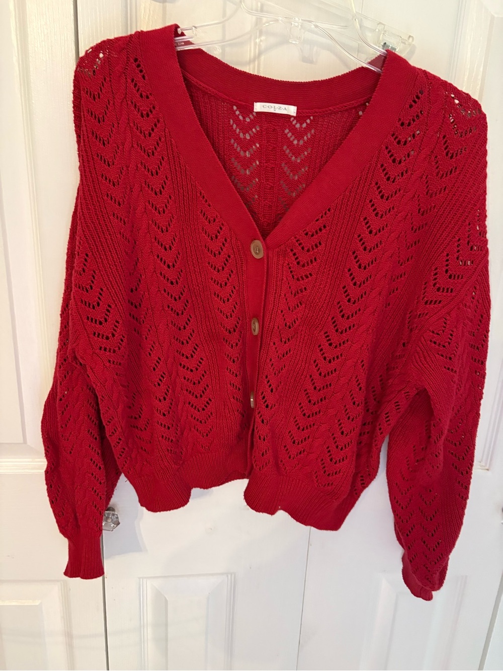 Red Openwork V-Neck Button Cardigan Sweater